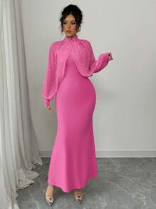 Elenzga Elegant Pearl Beaded Collar Mermaid Dress, Autumn Maxi Women Outfit - Hot Pink - View 3