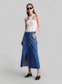 Ontre 女式 2025 新款休闲不对称腰部开衩工装牛仔裙，春夏女式牛仔装 - 藍色 - 查看 4