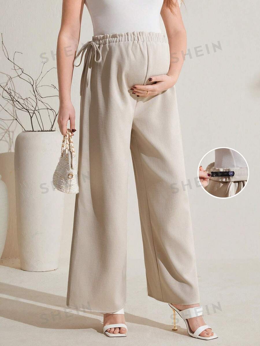 SHEIN Maternitate Culoare uni Talie reglabilă cu picior lat Pantaloni casual largi - Kaki - Vizualizare 1