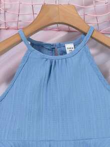 SHEIN Conjunto de 2 piezas con top halter con dobladillo con volantes y pantalones en unicolor para niña preadolescente - Azul - View 5