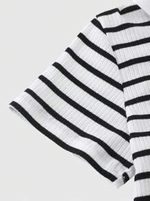 SHEIN 2pcs/Set Young Girl Stripe Bow Decor Polo Collar Short Sleeve Top And Flared Pants Set