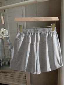 Linhara 春夏秋季简约可爱运动女装时尚百搭畅销舒适松紧腰直筒短裤，蝴蝶结设计，浅灰色加大码 - 灰色 - 查看 2