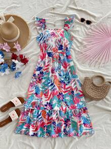 Soleia Summer Tropical Plant Floral Print Dress,Sun Dress - Green - View 4