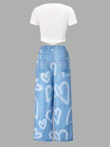 Wildeya Tween-Mädchen 2-teiliges Set mit einfarbigem, asymmetrischem Kurzarm-T-Shirt und langen Hosen in Denim-Optik mit Herz-Print