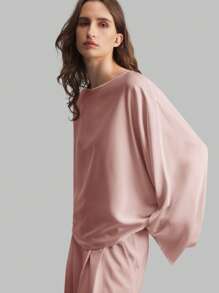 Ontre Blusa elegante de estilo minimalista y casual de negocios con mangas anchas de material de satén para mujeres, cuello barco de seda de moral rosa de manga larga, otoñal de vuelta al colegio 2025