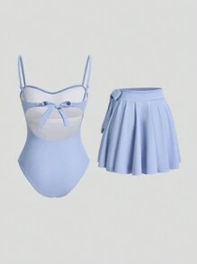 Sweetra Traje de baño de una pieza azul, lindo y coqueto, con falda de cubrición para vacaciones y playa de verano para mujeres