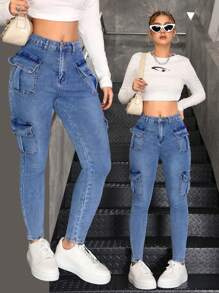 SHEIN Teen Girls' Utility Pockets Stretchy Blue Denim Skinny Pants
