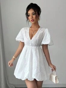 Rafferiza White V-Neck Embroidered Waist Puff Sleeve Mini Dress - White - View 4