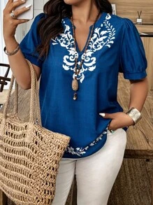 Weeklong Koszula z bufiastymi rękawami i haftem kwiatowym w dużym rozmiarze, minimalistyczna moda, codzienny ubiór