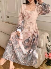 DAZY 女士全花卉泡泡袖方领中长连衣裙，秋季连衣裙长袖连衣裙