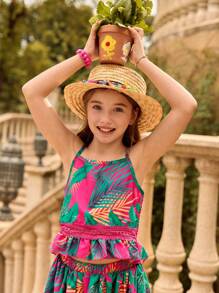 SHEIN Tween Girls Tropical Plant Printed Camisole Top & Matching Hollow-Out Skirt Set, Suitable For Beach Holiday Resort Wear