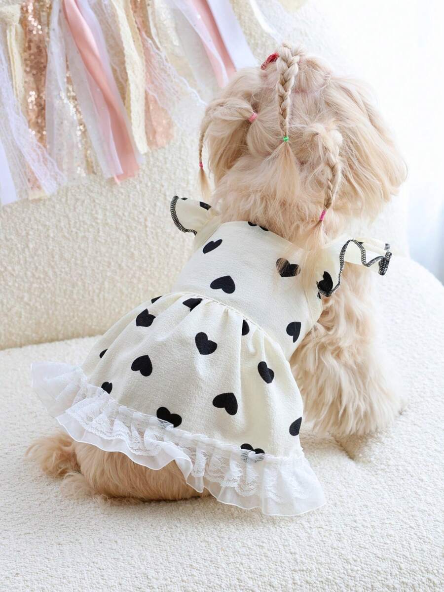 PETSIN 心形蕾丝黑白公主风格芭蕾短裙，宠物休闲装 - 黑色 - 查看 1