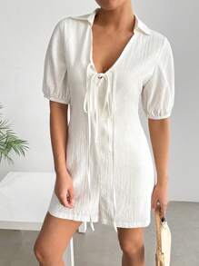 SHEIN EZwear Damen einfarbiger Jumpsuit mit Laternenschnittärmeln und Schleife vorne - Weiss - Übersicht 5