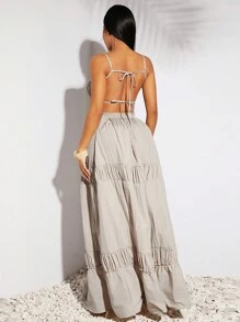 SHEIN SXY Sundress;Beach;Spring Summer Vacation Wedding Valentine's Day Women's Elegant Western Style Clothing Gray Khaki Imitation Linen Fabric Large Halter Halter Fold Design A Swing Long Dress,Summer Dresses For Women,Tea Party Dress - Apricot - View 2