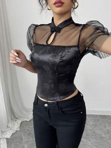 Elenzga French Elegant Button Down Mesh Cutout Jacquard Satin Puff Sleeve Blouse For Women