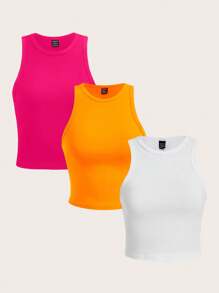 SHEIN Girlism Compra 1 y Lleva 2 tops casuales de cuello redondo sin mangas ajustados para niñas preadolescentes