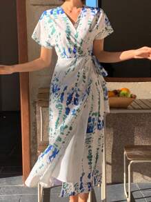 DAZY Women's V-Neck Tie Waist Floral Midi Dress Sundress Boho Vacation Outfits Women - Green - View 5
