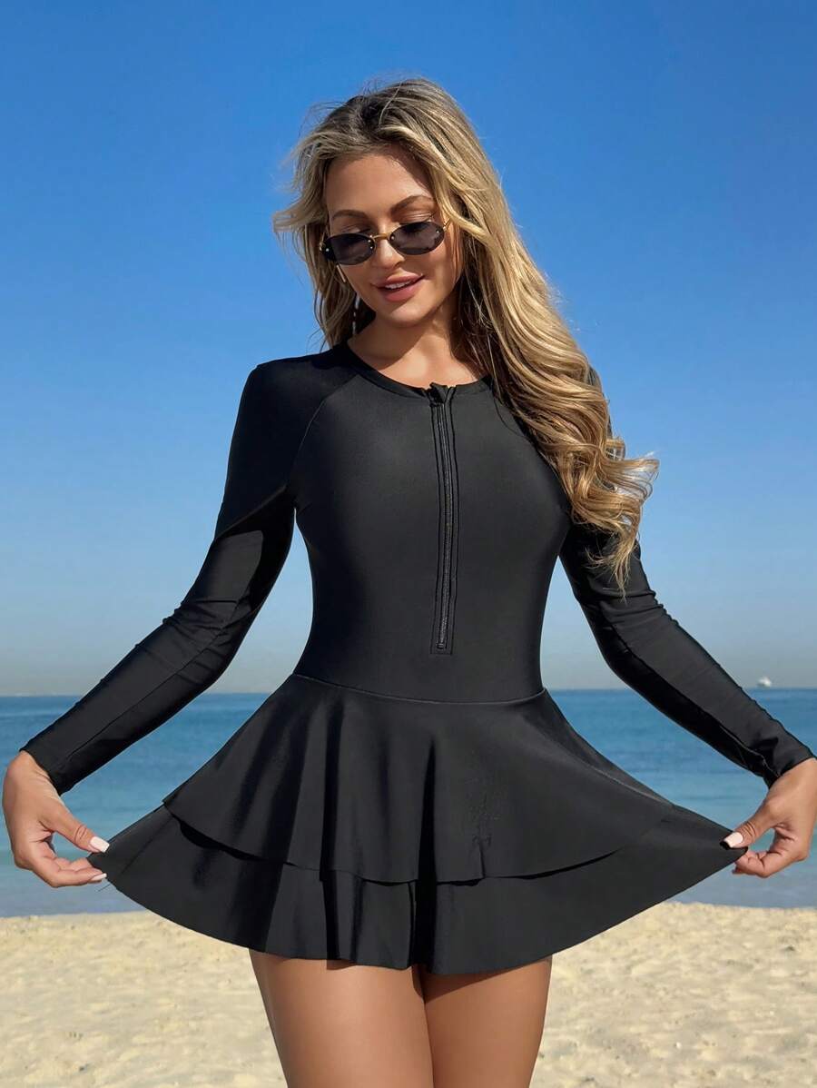 Swim SPRTY New Europe&US Style Ruffle Black One-Piece Rash Guard Swimsuit, Long Sleeve Zip Up Tight Fit Sports Swimwear For Women, Modest UV Protection Beach Diving Surfing Swimsuit, For Summer Beach Vacation