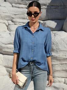 SHEIN LUNE 女士编织休闲常规夏季衬衫 - 藍色 - 查看 5