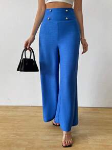 SHEIN Clasi Celana Panjang Wanita Elegan Pinggang Tinggi Slim Fit Kaki Lebar Warna Biru untuk Musim Gugur - Biru - View 4