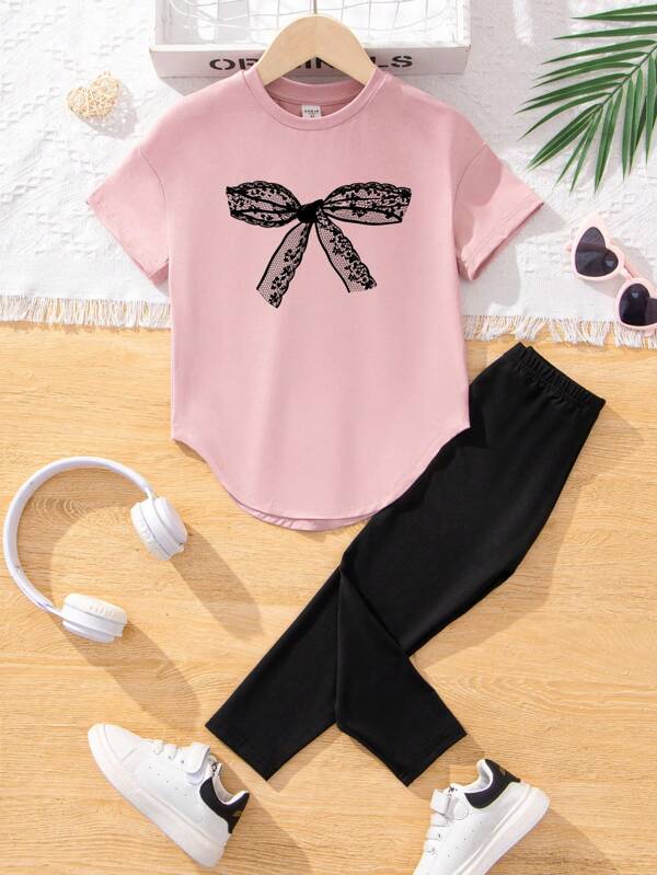 SHEIN 2pcs/Set Cute Bow-Knot Print Casual Young Girl Short Sleeve Top And Pants, Suitable For Spring/Autumn