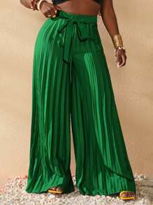 Slaydiva Quần ống rộng dài, cạp chun, buộc dây màu xanh đậm, dáng suông, xếp ly, dành cho nữ cỡ lớn, thích hợp mặc đi nghỉ mát. - màu xanh lá - Xem 5