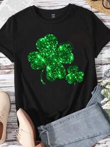Slaydiva 大码女式休闲纯色四叶草圣帕特里克节图案圆领短袖修身 T 恤，夏季 - 黑色 - 查看 7