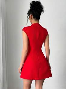 Firerie Vestido Vermelho de Nova Temporada de Casamento com Mangas Curtas e Decoração de Laço para Mulheres, Saia A-Line, Adequado para Temporada de Casamento, Vestido de Dama de Honra, Festa de Jardim, Encontro, Passeio e Outras Ocasiões - Vermelho - Visão 2