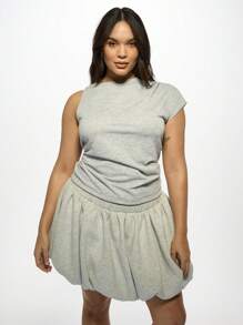 MISSGUIDED PLUS Plus Size Ruched Asymmetric T-Shirt Modern Bubble Hem Design Casual Draped Summer Top Weekend Loungewear Stretchy Comfortable Athleisure Essential - Light Grey - View 1