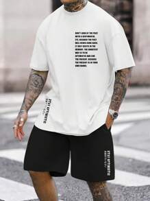 Manfinity Homme Loose Fit Men's Slogan Graphic T-Shirt & Drawstring Waist Shorts 2 Pieces Set - Multicolor - View 1
