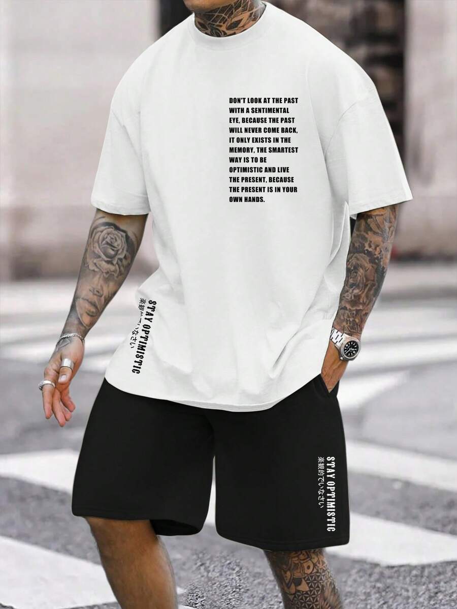 Manfinity Homme Loose Fit Men's Slogan Graphic T-Shirt & Drawstring Waist Shorts 2 Pieces Set - Multicolor - View 1