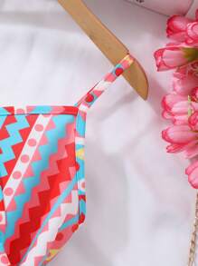 青少年女孩度假风格彩虹几何条纹全印花连体裤（配腰带）