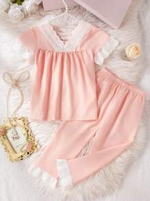 2pcs/Set Young Girl Cute Floral Trim Short Sleeve Top And Loose Comfy Pants Casual Home Outfit Young Girls Clothing Sets Short Sleeve Young Girls Summer Sets - Pink - View 3