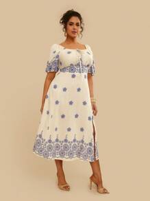 Travachic Vestido midi de mujer de manga abullonada, escote cuadrado, estampado floral azul en estilo retro y casual para vacaciones, para primavera/verano, tallas grandes - Azul - Ver 1