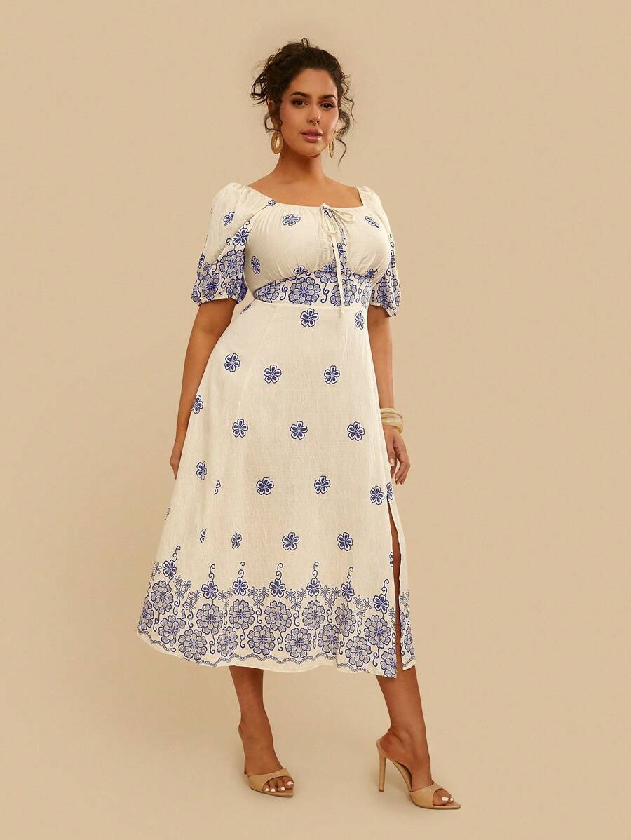 Travachic Vestido midi de mujer de manga abullonada, escote cuadrado, estampado floral azul en estilo retro y casual para vacaciones, para primavera/verano, tallas grandes - Azul - Ver 1