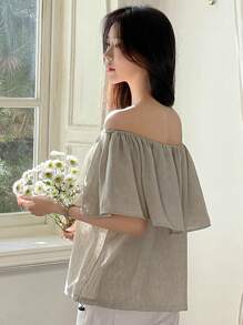 DAZY Blusa de mujer con diseño de hombros descubiertos, volantes, top de hombros descubiertos, top de estilo babydoll - Gris - Ver 6