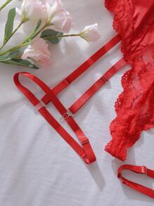 SHEIN 3pcs Curvy Floral Lace Satin Deep V-Neck Hollow Plus Size Sexy Lingerie, Red - Red - View 7