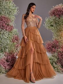 Glamrae 优雅卡其色奢华亮片对比网眼透明长袖紧身胸衣，搭配奢华笼状分层美人鱼下摆、侧高开衩、可调节系带后背、正式晚礼服 - 卡其色 - 查看 2