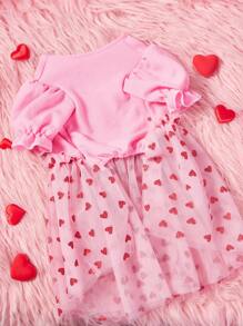 PETSIN 1pc Pet Dog Princess Dress With Puff Sleeves, Red Heart & Golden Foil Printing, Pink Mesh Splicing - Pink - View 3