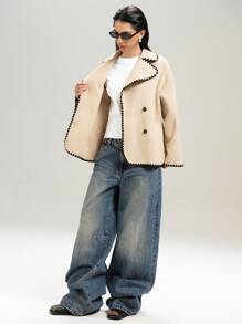LYSMO Women Casual Contrast Binding Double-Breasted Woolen Coat, Autumn/Winter
