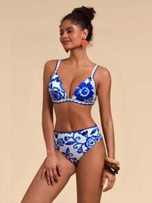 Travachic 女士印花比基尼上衣和下装，休闲泳装套装，适合夏季海滩度假 - 藍白色 - 查看 3