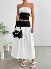 SHEIN EZwear 2pcs Women's Colorblock Ruched Bandeau Top And Skirt Set - Black and White - View 4