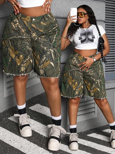 Slaydiva 大码女士牛仔短裤纯棉迷彩宽松短裤工装短裤夏季女牛仔复古款
