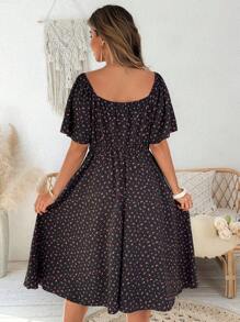 Flirla Vestido holgado con cintura ceñida, cuello cuadrado, mangas con volantes y estampado tejido para mujer de talla grande, ideal para vacaciones