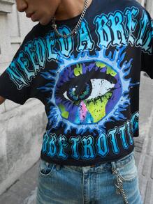 PAVTROS 男士图案 T 恤，Manfinity EMRG 街头风格大眼蓝色火焰金属牙齿深色破旧街头宽松 T 恤，渐变字母印花图案 T 恤男士图案 T 恤男士 - 黑色 - 查看 1