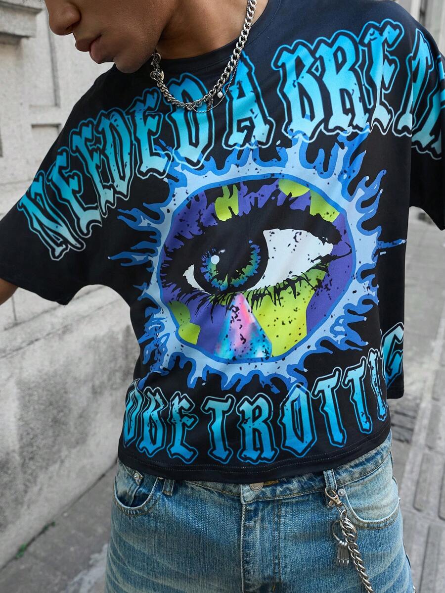 PAVTROS 男士图案 T 恤，Manfinity EMRG 街头风格大眼蓝色火焰金属牙齿深色破旧街头宽松 T 恤，渐变字母印花图案 T 恤男士图案 T 恤男士 - 黑色 - 查看 1
