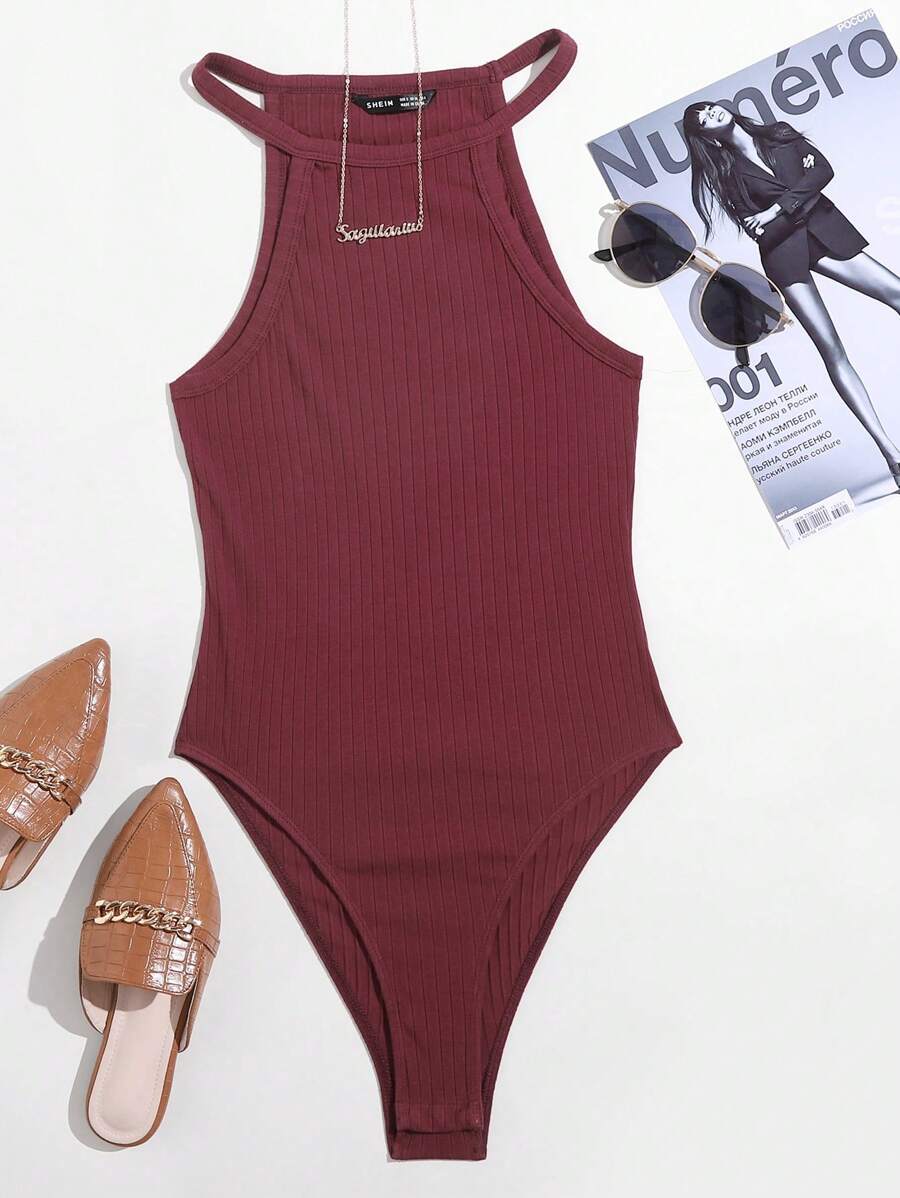 SHEIN EZwear Women's Solid Color Rib-Knit Halter Bodysuit - Maroon - View 1