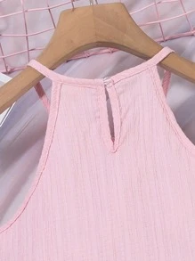 SHEIN Vintaside Kids Tween Girl Solid Color Ruffle Halter Top And Wide Leg Pants 2 Pieces Set, Casual - Pink - View 3