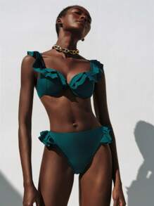 Aveloria Modichic Women 2pcs/Set Solid Color Ruffle Trim Top And Bottom Swimwear Bikini Set, For Summer Beach Vacation - Green - View 3