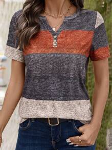 EMERY ROSE Dames V-hals gestreepte print korte mouw casual T-shirt, willekeurige printpatronen, zomer